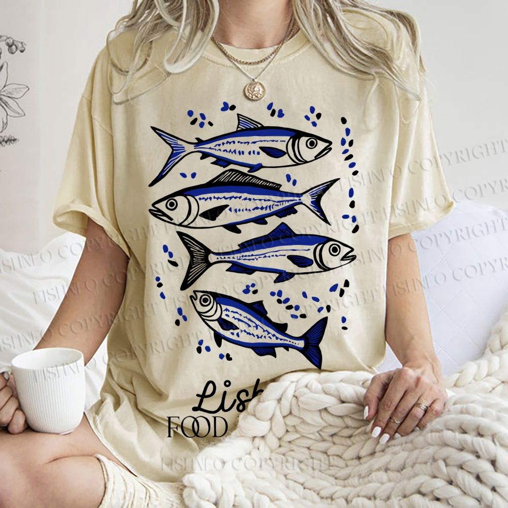 Unisex Vintage Fish Printed Washed Tee