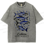 Unisex Vintage Fish Printed Washed Tee