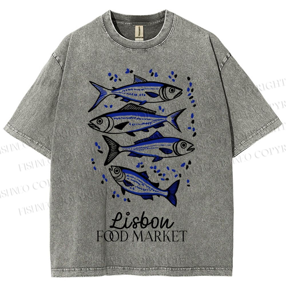 Unisex Vintage Fish Printed Washed Tee
