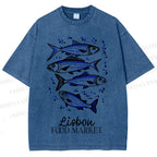 Unisex Vintage Fish Printed Washed Tee