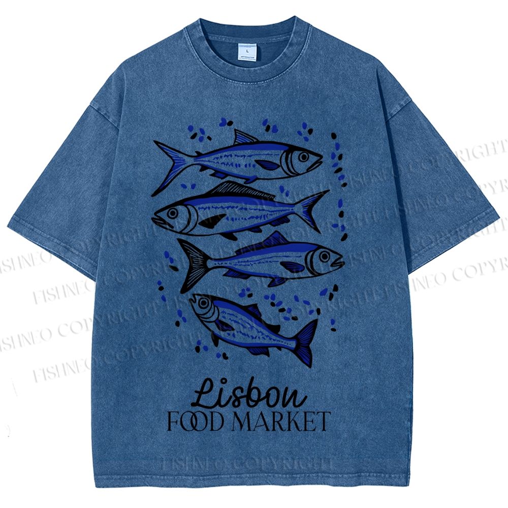 Unisex Vintage Fish Printed Washed Tee