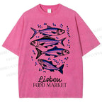 Unisex Vintage Fish Printed Washed Tee