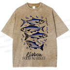 Unisex Vintage Fish Printed Washed Tee