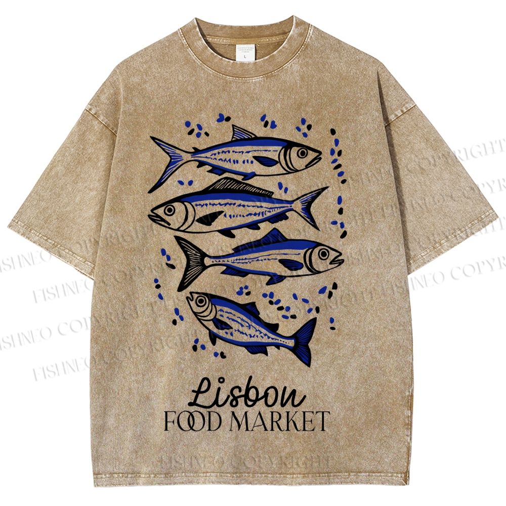 Unisex Vintage Fish Printed Washed Tee
