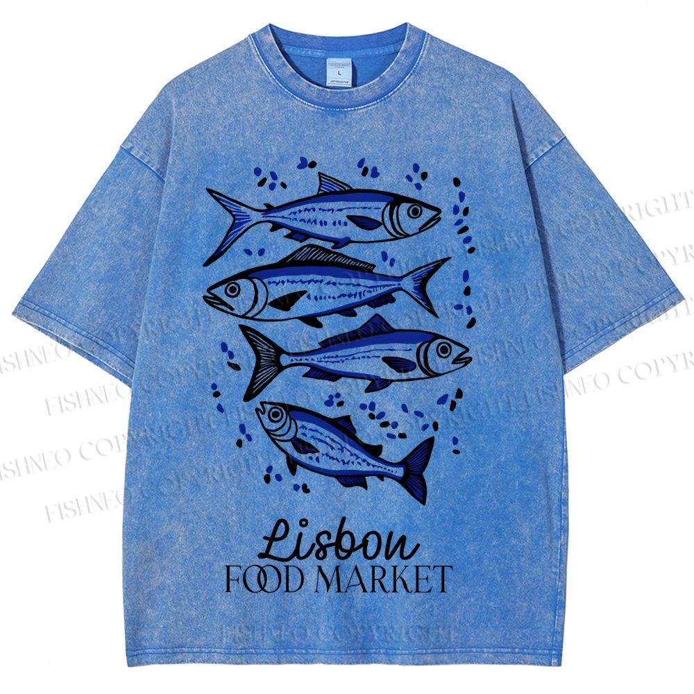 Unisex Vintage Fish Printed Washed Tee
