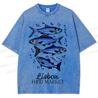 Unisex Vintage Fish Printed Washed Tee