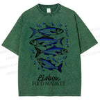 Unisex Vintage Fish Printed Washed Tee