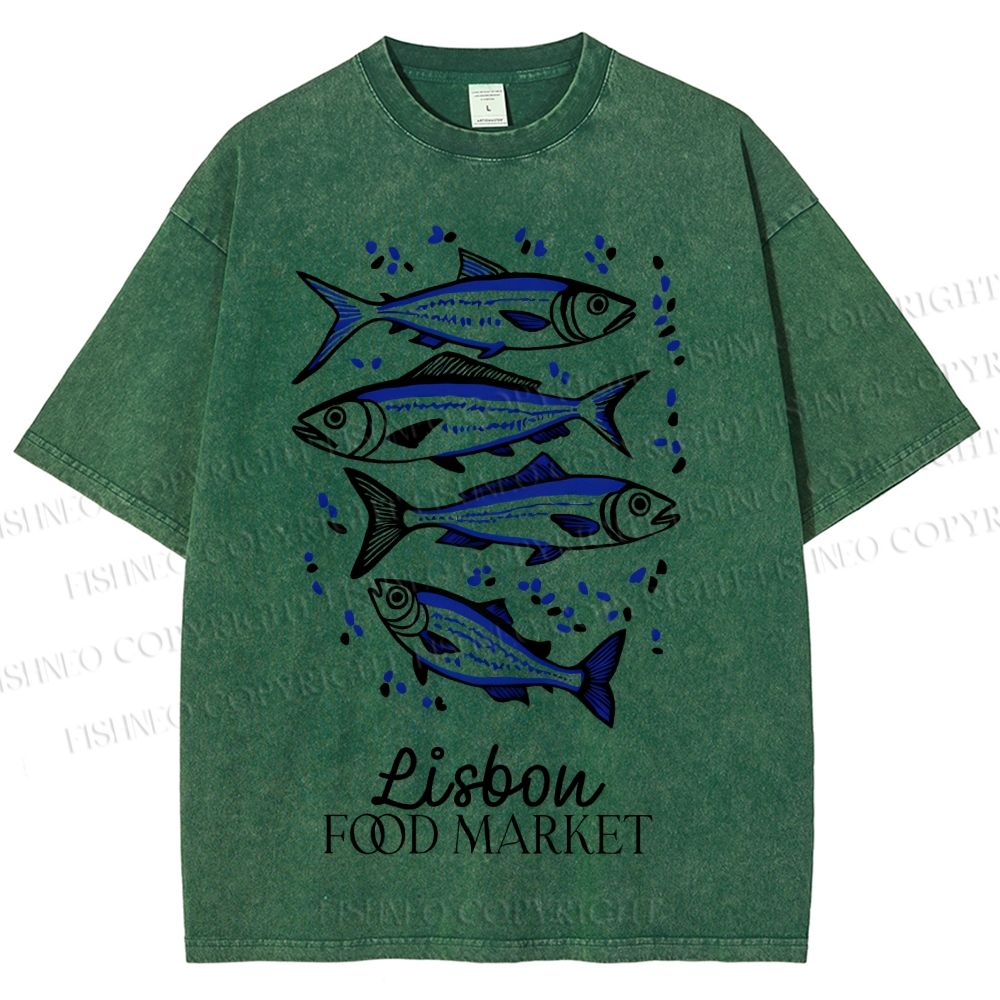 Unisex Vintage Fish Printed Washed Tee