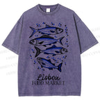 Unisex Vintage Fish Printed Washed Tee