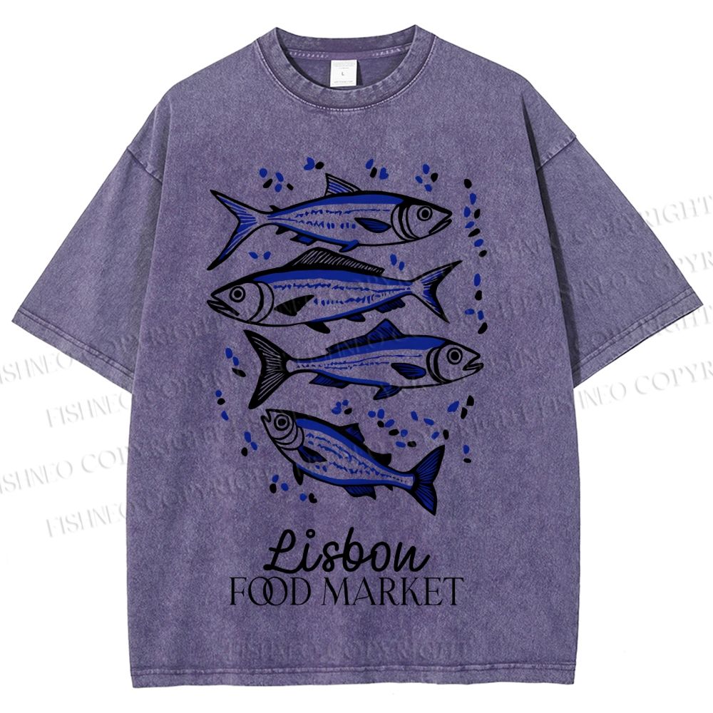 Unisex Vintage Fish Printed Washed Tee