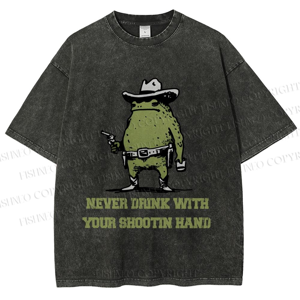 Unisex Vintage Frog Never Drink With Shooting Hand Printed Washed Tee