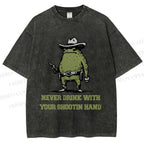 Unisex Vintage Frog Never Drink With Shooting Hand Printed Washed Tee