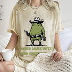 Unisex Vintage Frog Never Drink With Shooting Hand Printed Washed Tee