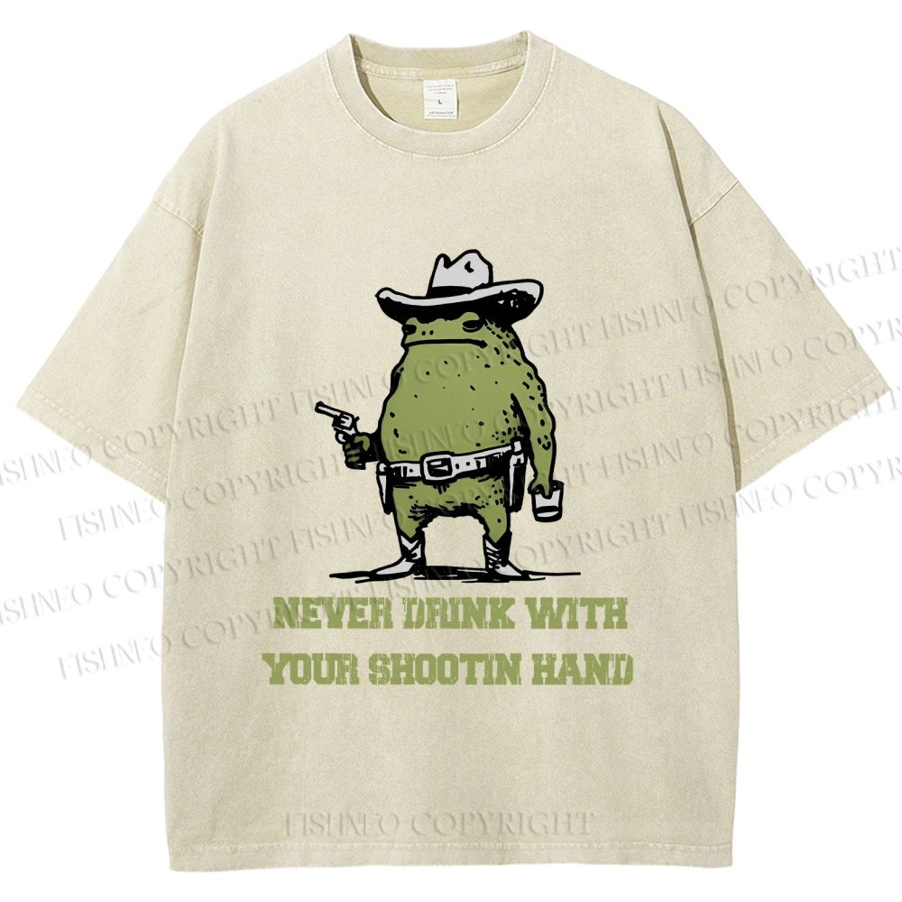 Unisex Vintage Frog Never Drink With Shooting Hand Printed Washed Tee