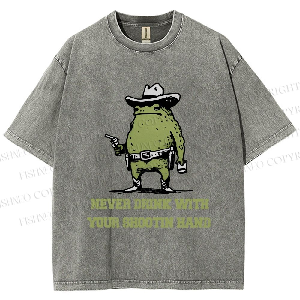 Unisex Vintage Frog Never Drink With Shooting Hand Printed Washed Tee