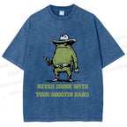 Unisex Vintage Frog Never Drink With Shooting Hand Printed Washed Tee