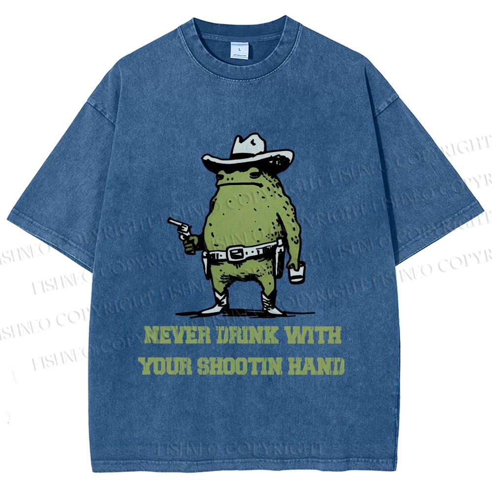 Unisex Vintage Frog Never Drink With Shooting Hand Printed Washed Tee