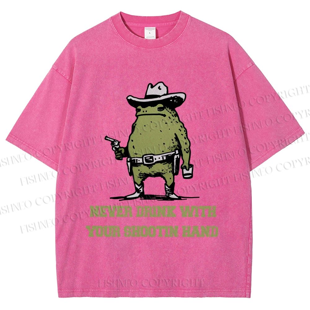 Unisex Vintage Frog Never Drink With Shooting Hand Printed Washed Tee