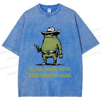 Unisex Vintage Frog Never Drink With Shooting Hand Printed Washed Tee