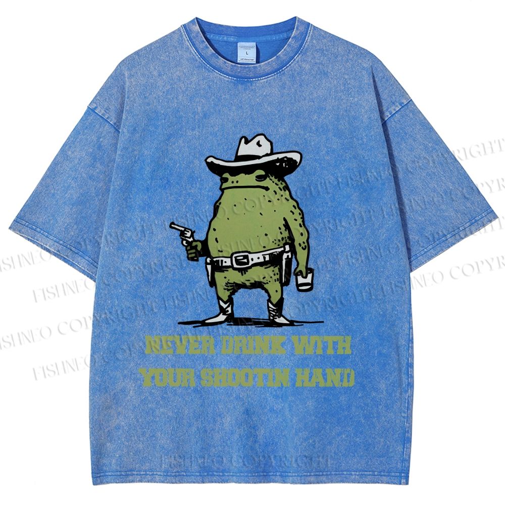 Unisex Vintage Frog Never Drink With Shooting Hand Printed Washed Tee
