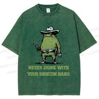 Unisex Vintage Frog Never Drink With Shooting Hand Printed Washed Tee