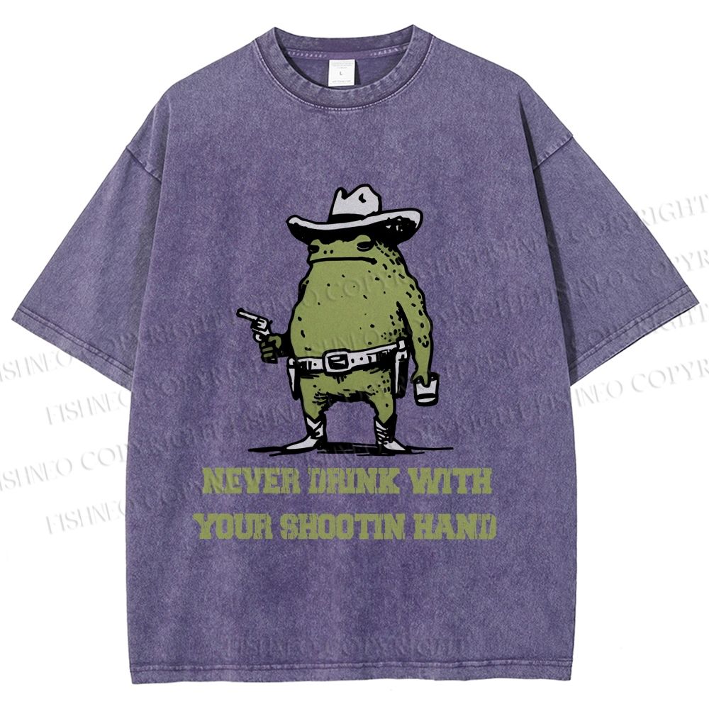 Unisex Vintage Frog Never Drink With Shooting Hand Printed Washed Tee