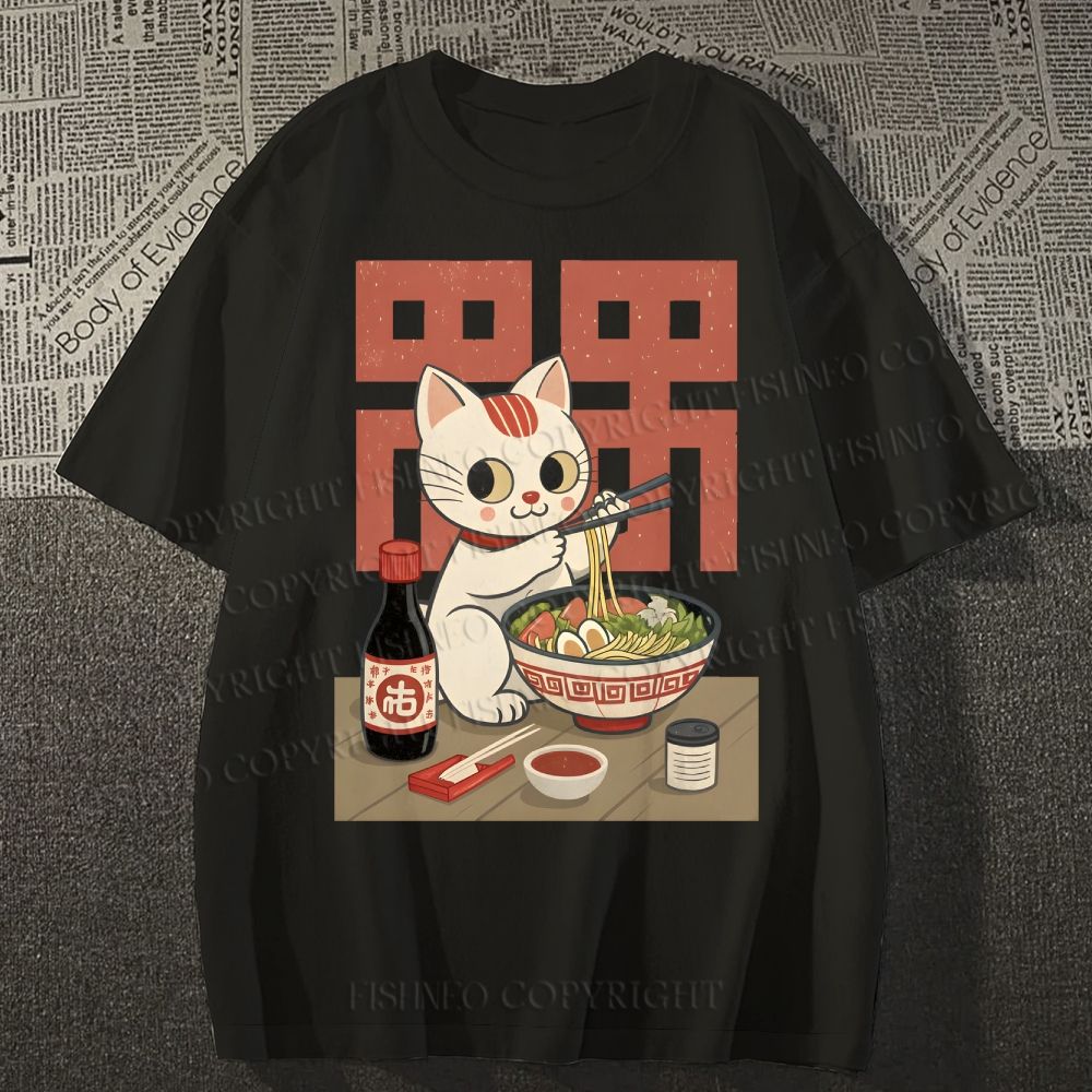 Unisex Cartoon Cat Having Noodles Classic Cotton T-shirt