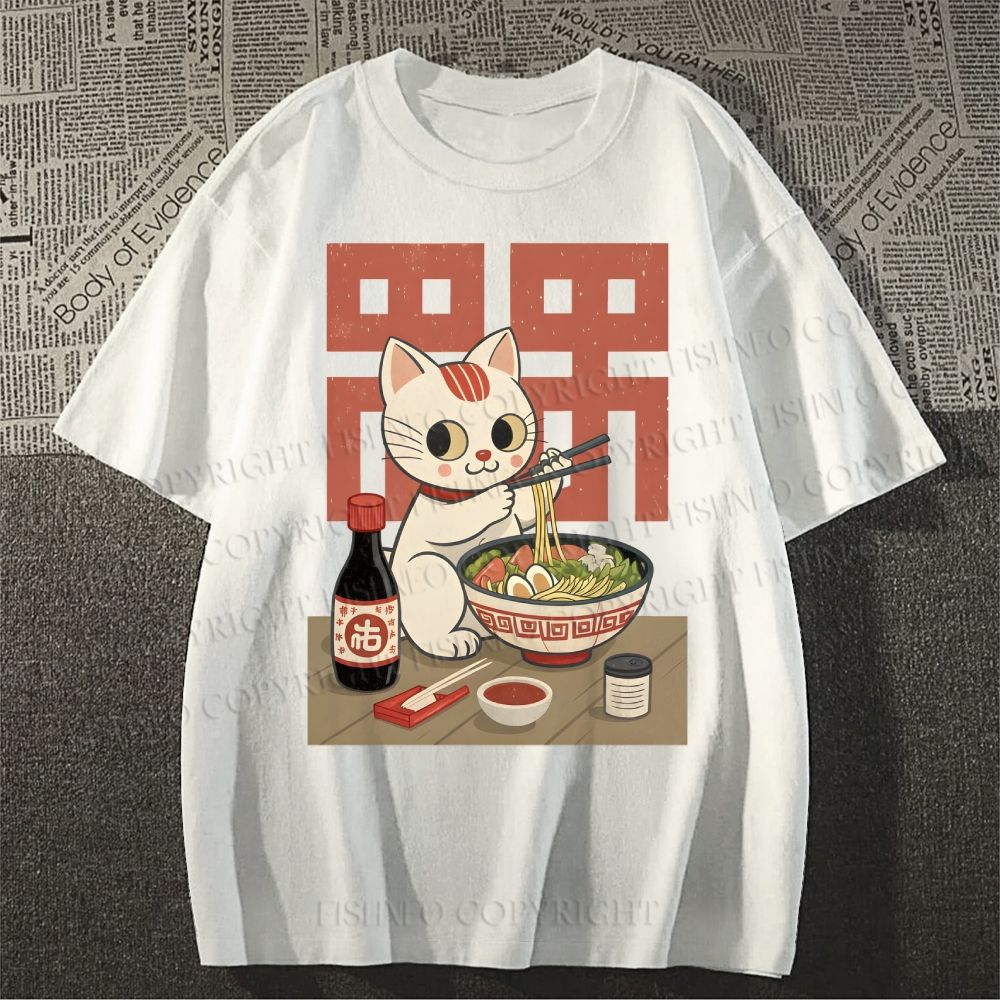 Unisex Cartoon Cat Having Noodles Classic Cotton T-shirt
