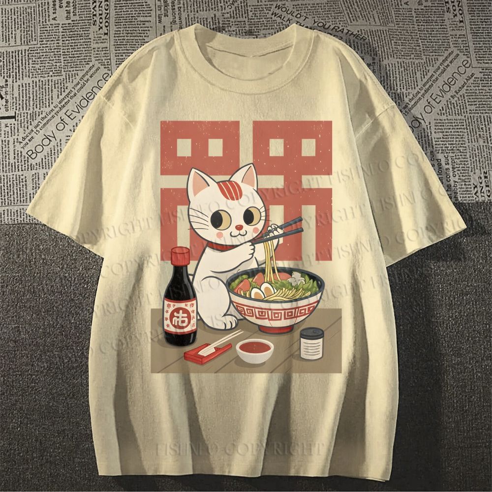 Unisex Cartoon Cat Having Noodles Classic Cotton T-shirt