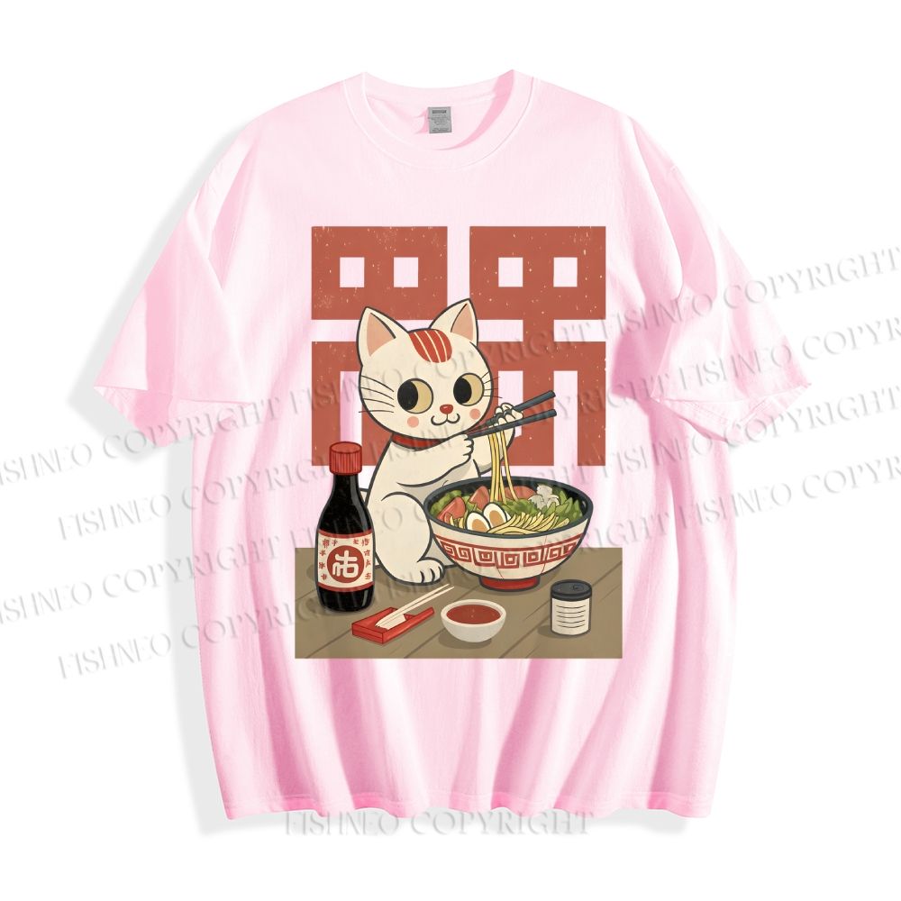 Unisex Cartoon Cat Having Noodles Classic Cotton T-shirt