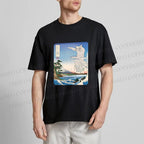 Unisex Japanese Art Cat Sea Wave Classic Cotton T-shirt