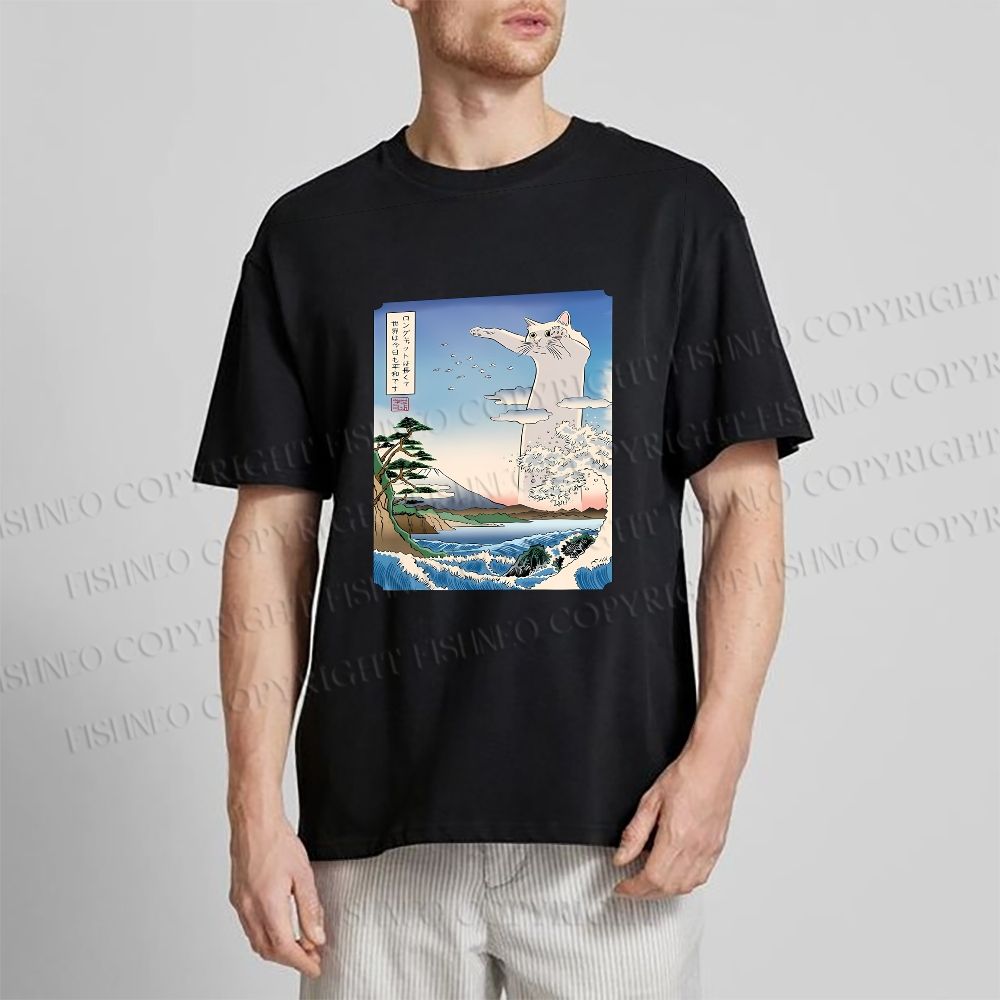 Unisex Japanese Art Cat Sea Wave Classic Cotton T-shirt