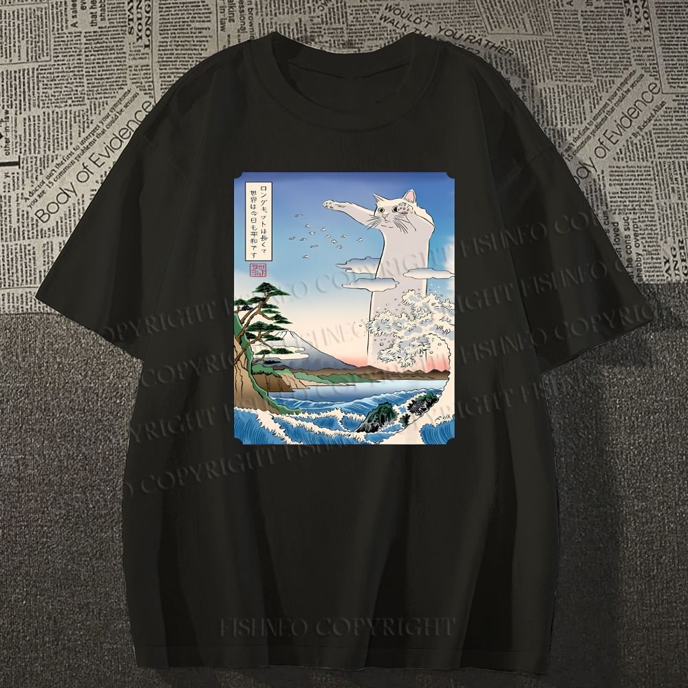 Unisex Japanese Art Cat Sea Wave Classic Cotton T-shirt