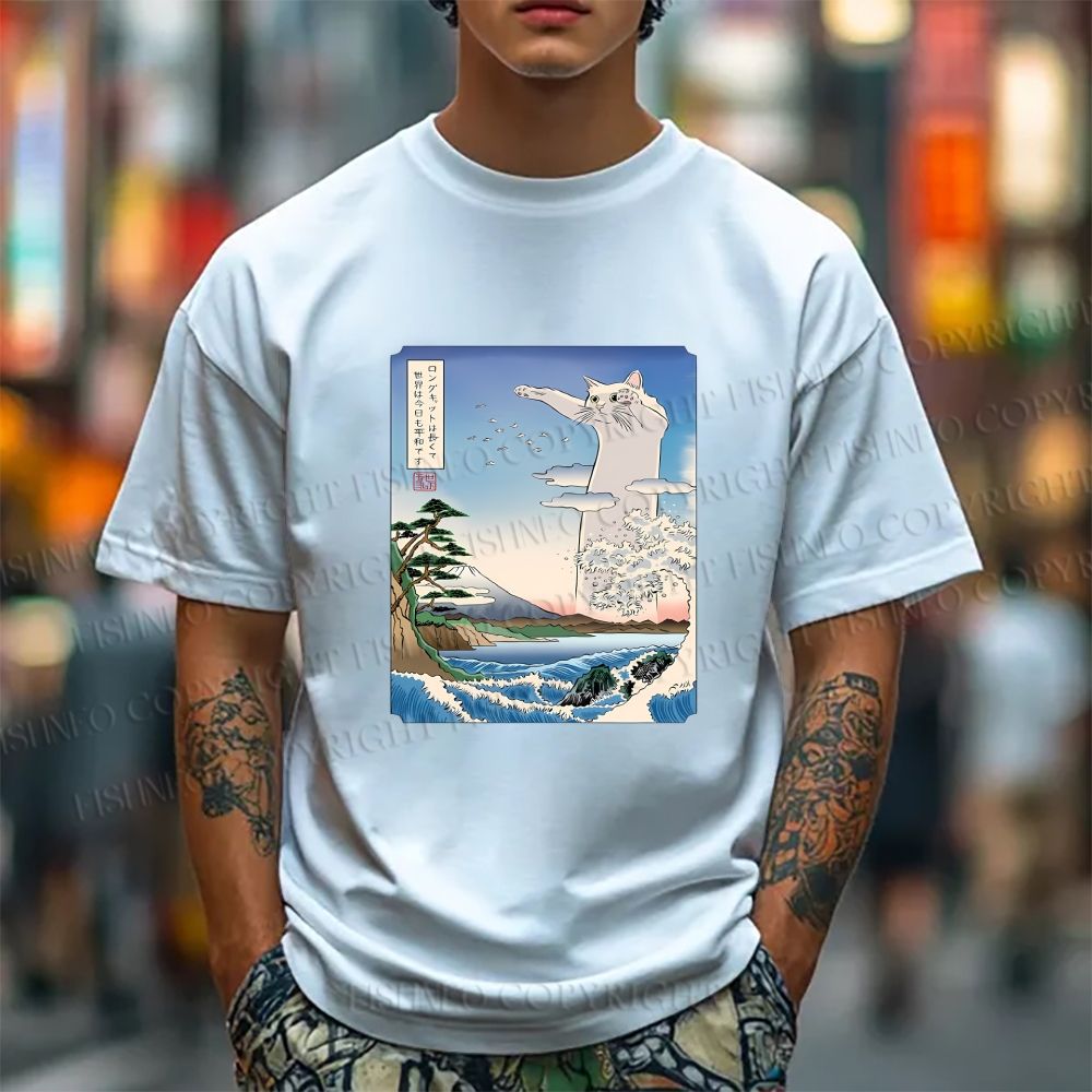 Unisex Japanese Art Cat Sea Wave Classic Cotton T-shirt
