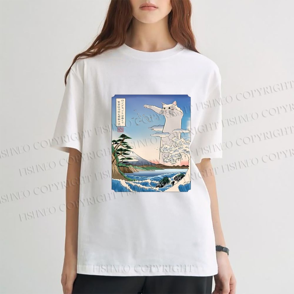 Unisex Japanese Art Cat Sea Wave Classic Cotton T-shirt