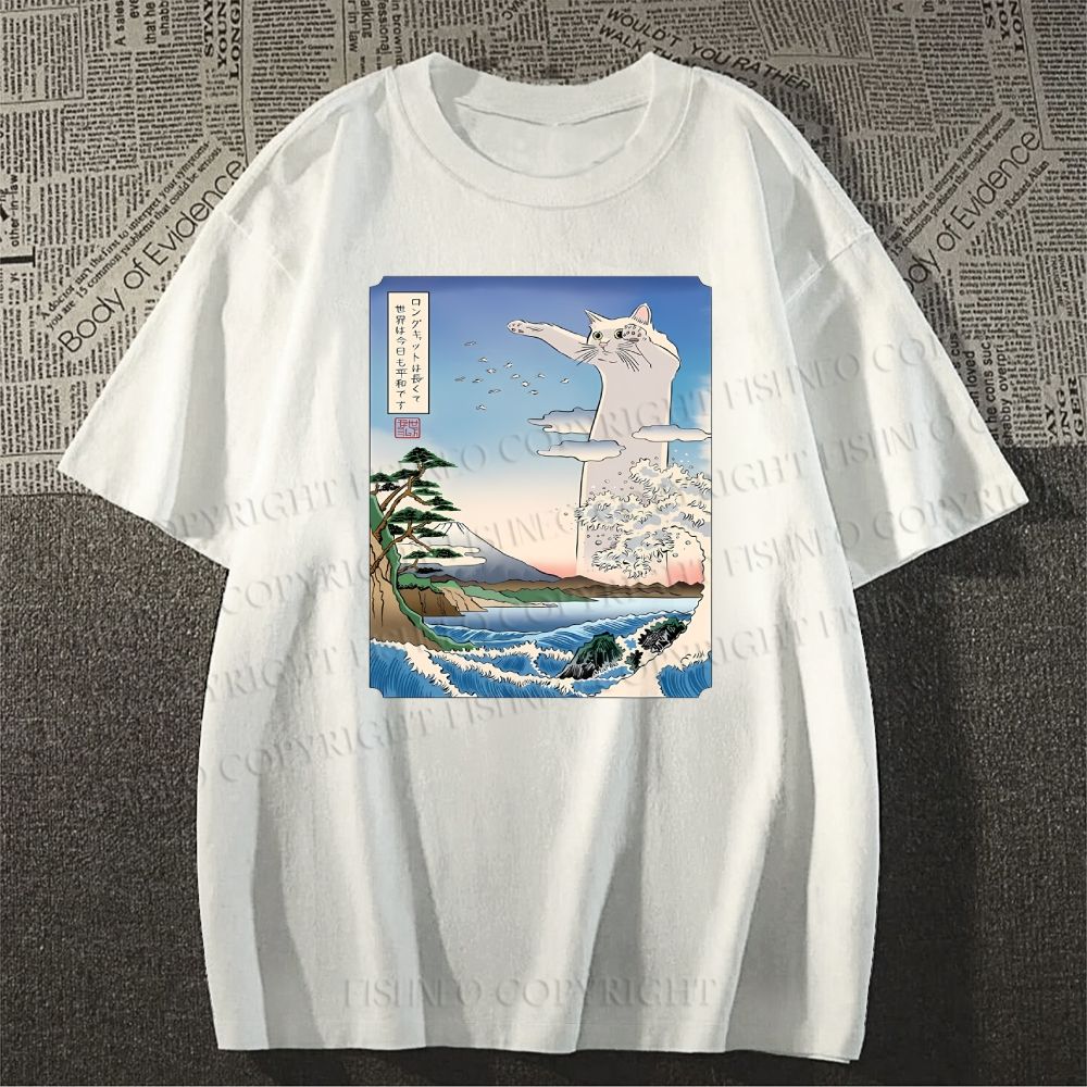 Unisex Japanese Art Cat Sea Wave Classic Cotton T-shirt