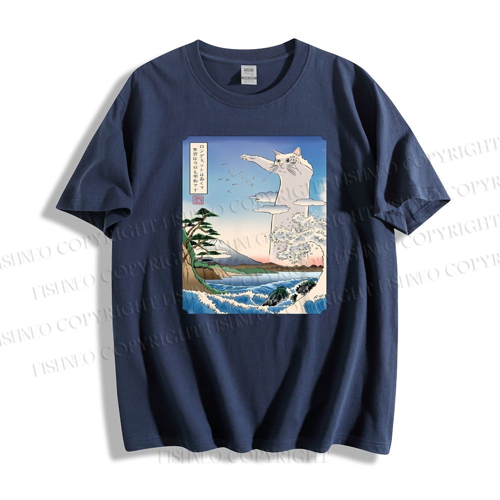 Unisex Japanese Art Cat Sea Wave Classic Cotton T-shirt