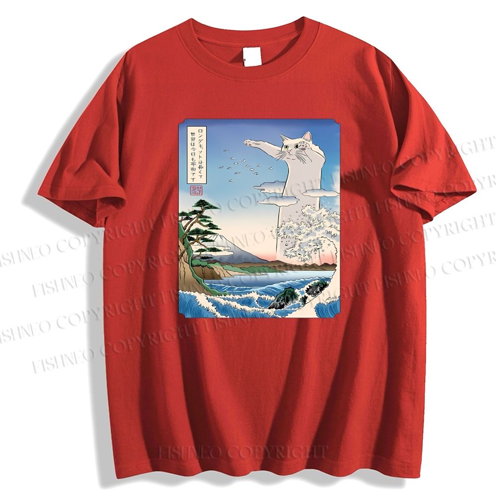 Unisex Japanese Art Cat Sea Wave Classic Cotton T-shirt