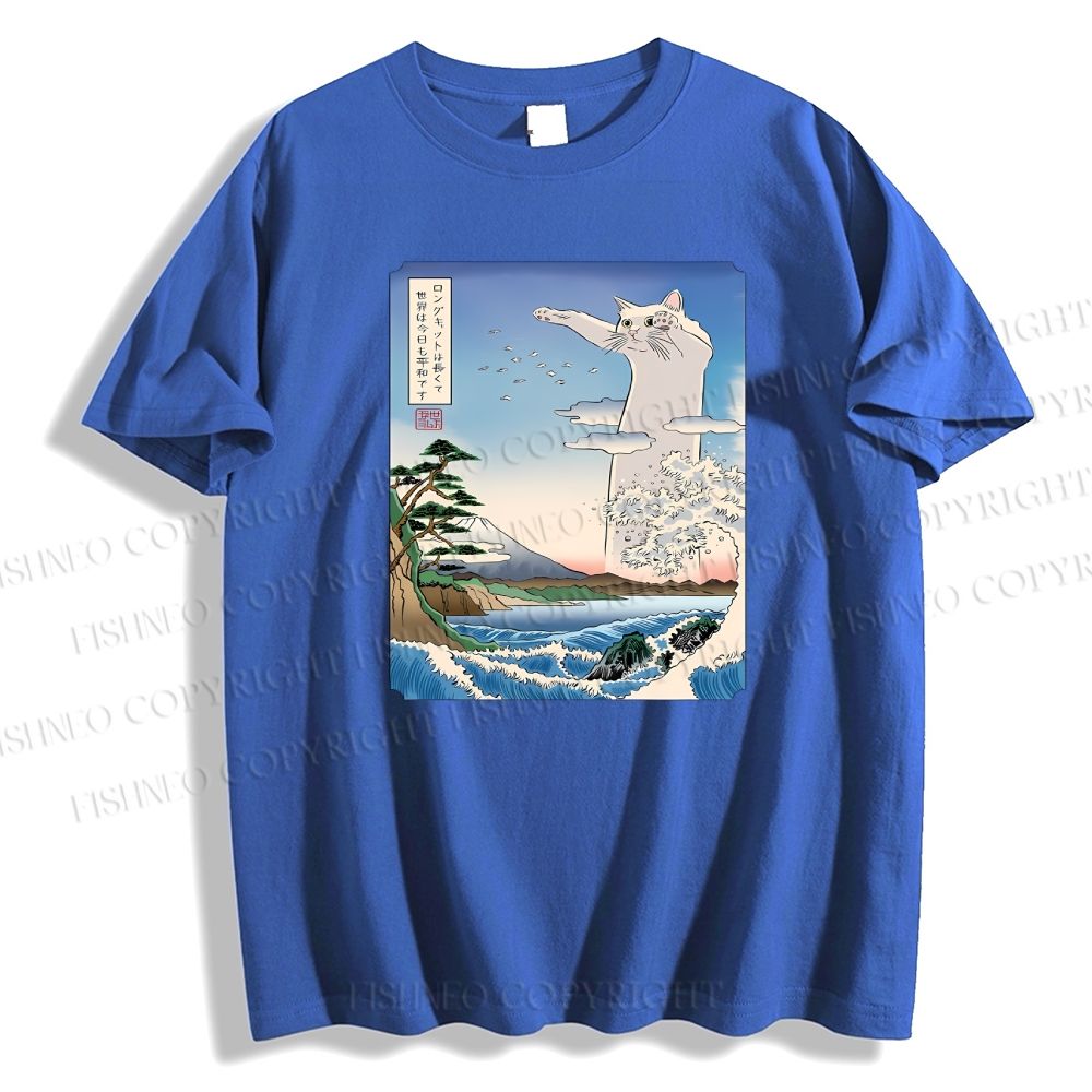 Unisex Japanese Art Cat Sea Wave Classic Cotton T-shirt
