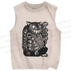 Unisex Vintage Cat Graffiti Printed Washed Tank Top