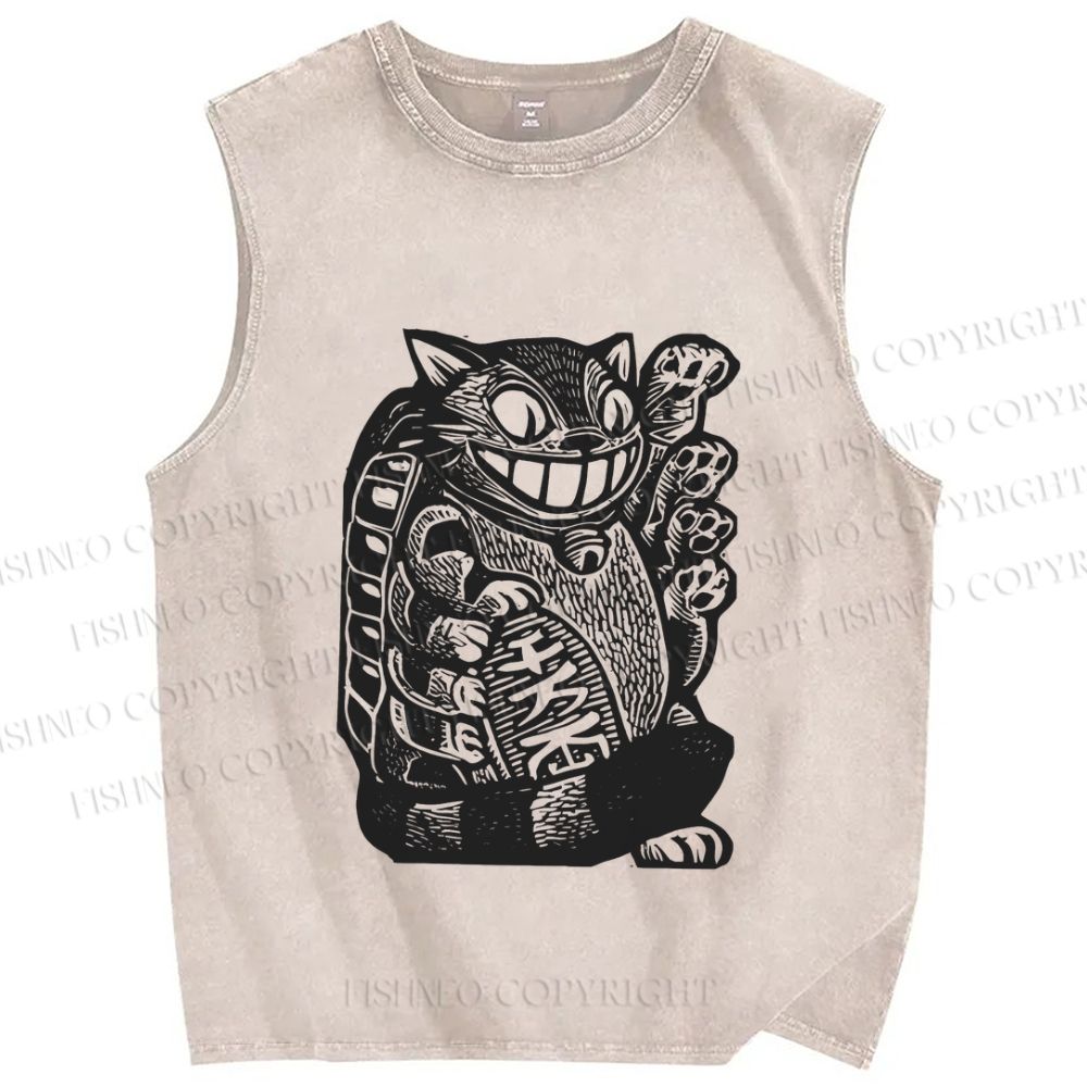 Unisex Vintage Cat Graffiti Printed Washed Tank Top