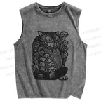 Unisex Vintage Cat Graffiti Printed Washed Tank Top
