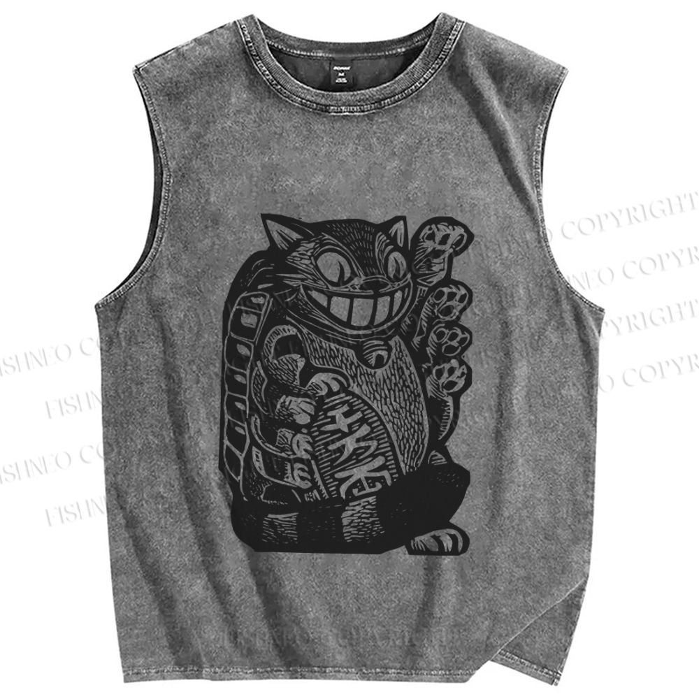 Unisex Vintage Cat Graffiti Printed Washed Tank Top