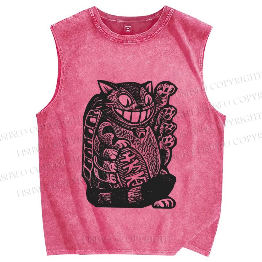 Unisex Vintage Cat Graffiti Printed Washed Tank Top