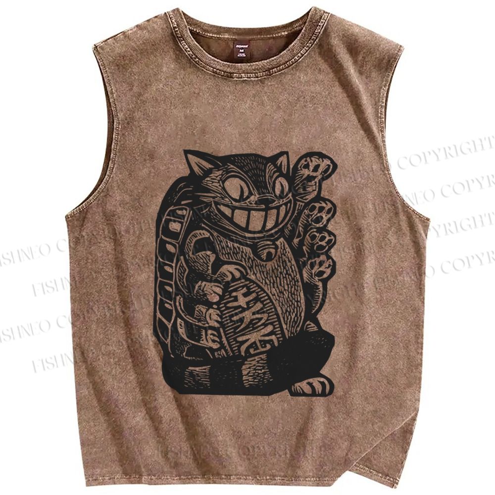 Unisex Vintage Cat Graffiti Printed Washed Tank Top