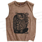 Unisex Vintage Cat Graffiti Printed Washed Tank Top