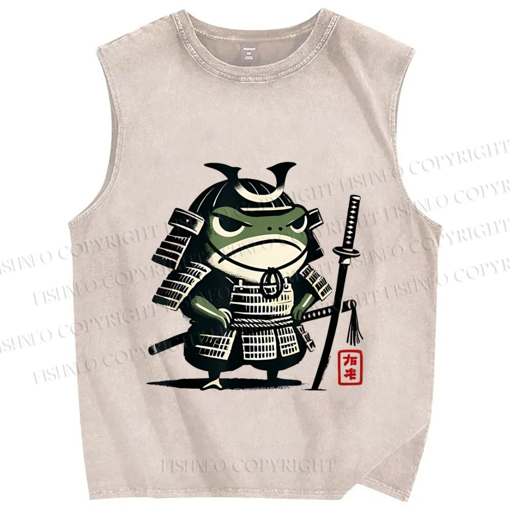 Unisex Vintage Frog Soldier Samurai Printed Washed Tank Top