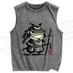 Unisex Vintage Frog Soldier Samurai Printed Washed Tank Top