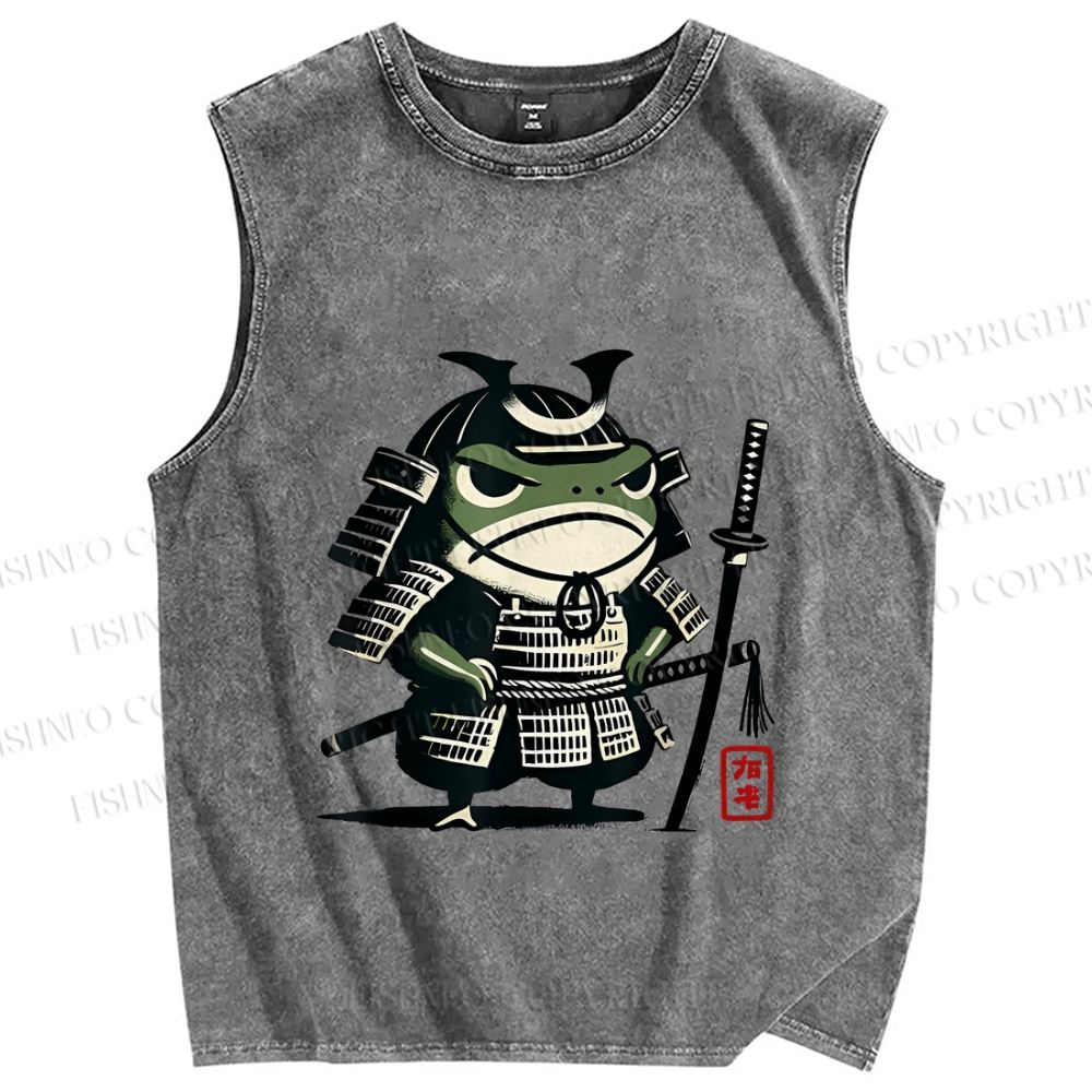 Unisex Vintage Frog Soldier Samurai Printed Washed Tank Top