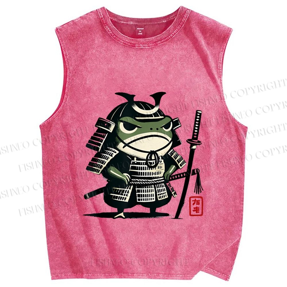 Unisex Vintage Frog Soldier Samurai Printed Washed Tank Top